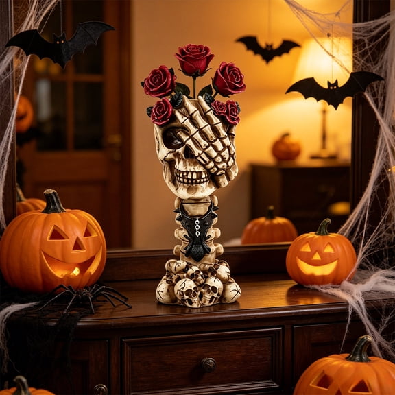 Gothic Skull Skeleton Hand Resin Flower Vase, Creatives Skull Floral Holder with Red Rose Ornaments & Mini Skulls Base, Halloween Spooky Tabletop Decor Vase for Home Bedroom Bar