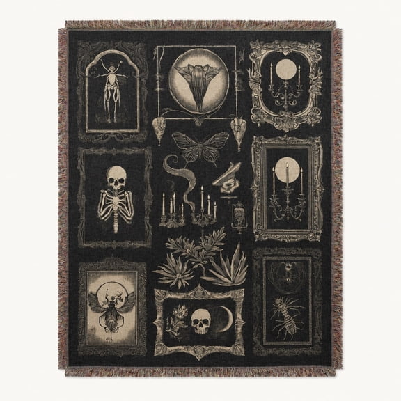 Gothic Skull Skeleton Woven Cotton Throw Blanket | Dark Curiosity Collage Art | Fringed Edges | 3 Sizes
