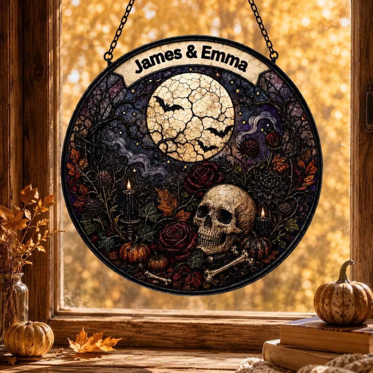 Gothic Display Sign Gothic Skull Stained Glass Window Hanging Vibrant Colors Sunlight ...
