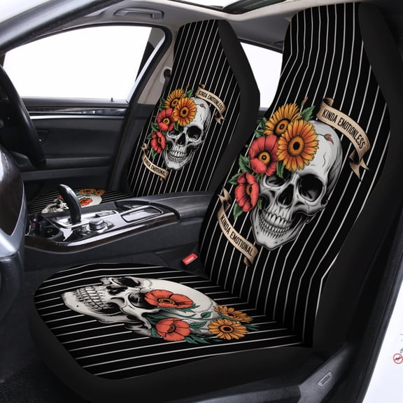 Gothic Skull Sunflower Car Seat Covers Floral Tattoo Style Auto Seat Protector Set, Black Striped Edgy Car Interior Decor