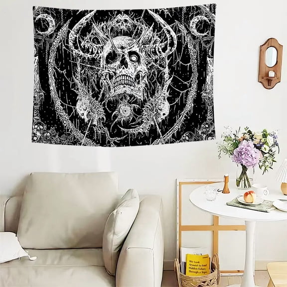 Gothic Skull Tapestry - Black and White Dark Art Wall Hanging with Occult Symbols, Heavy Metal Aesthetic Decor for Bedroom, Dorm, Man Cave - 37x29 Inches