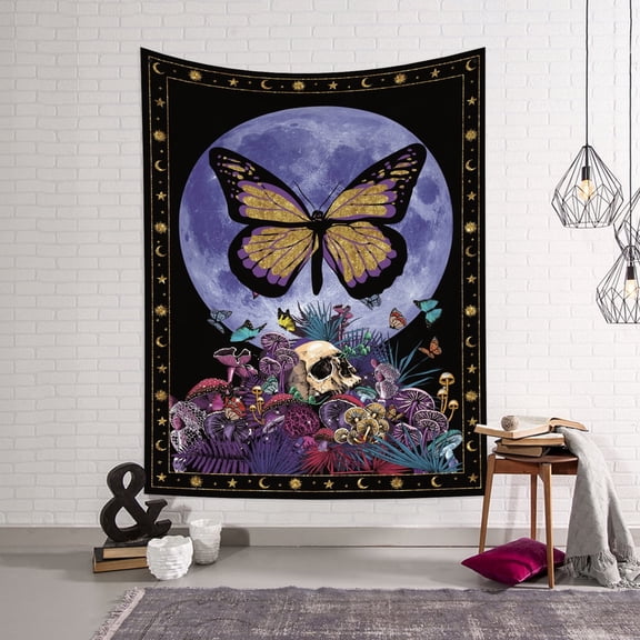 Gothic Skull Tapestry,Moon and Purple Butterfly Tapestries,Vintage Flower Aesthetic Tapestry Wall Hanging for Bedroom Living Room Dorm,40Wx60H