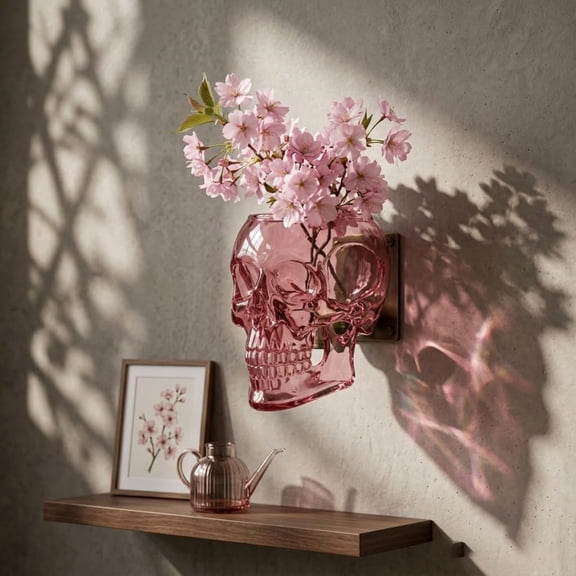Gothic Skull Wall Vase, Translucent Pink Plastic Flower Pot with Bracket for Tabletop Freestanding Home Decor(wxx)