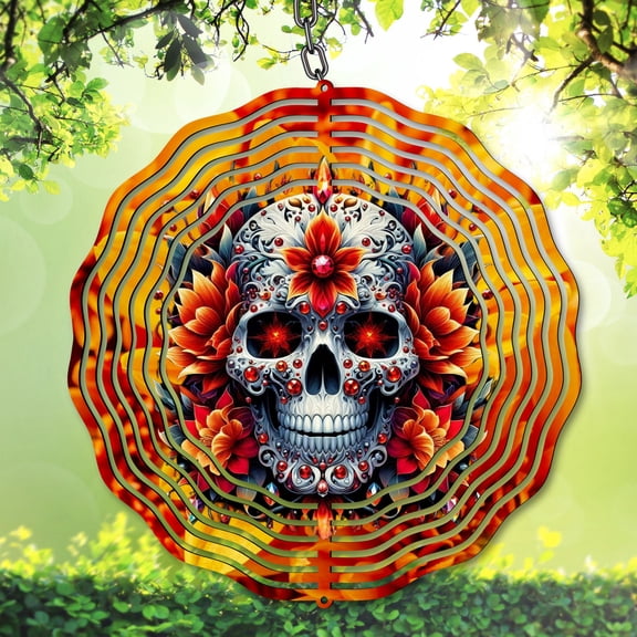 Gothic Skull Wind Spinner 10 Inch, Dark Floral Outdoor Decoration