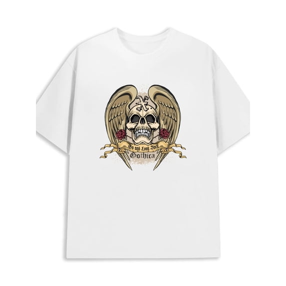Greenink Gothic Skull Wings for men 180G Cotton white Vintage Unisex Shirt Crewneck tshirts Casual Unisex Shirt Short Sleeve tshirts Classic Unisex Shirt Graphic tshirt
