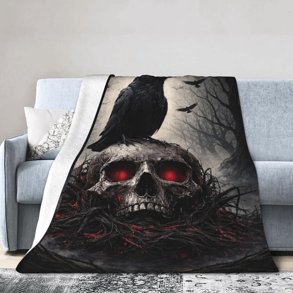 Gothic Skull and Raven Throw Blanket with Glowing Red Eyes, Soft Plush Fleece for Halloween Home Decor