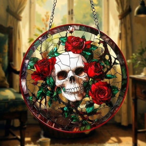 Gothic Skull and Rose Stained Glass Suncatcher Floral Skull Window Hanging, Dark Aesthetic Gothic Decor, Halloween or Year-Round Gift