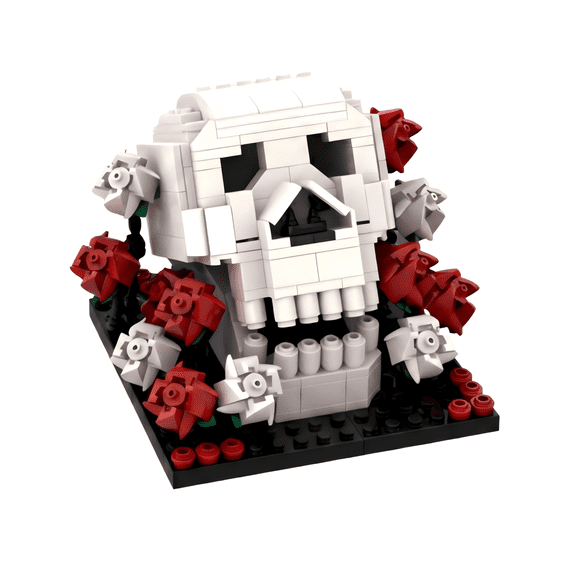 Gothic Skull and Roses Building Block Set, 415Pcs Skeleton Head 3D Model, Romantic Macabre Floral Desktop Decor Kit