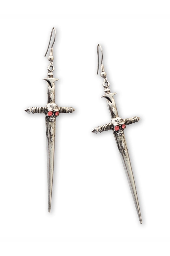 Gothic Skull on Sword Medieval Renaissance Pewter Earrings by Real Metal #1028
