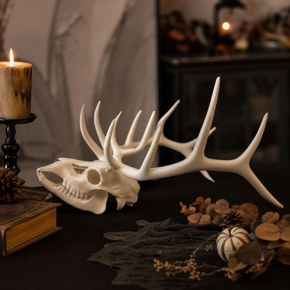 Gothic Skull with Antlers Resin Sculpture, Creepy Halloween Skeleton Decor for Office Desk, Unique Home Decor Gift