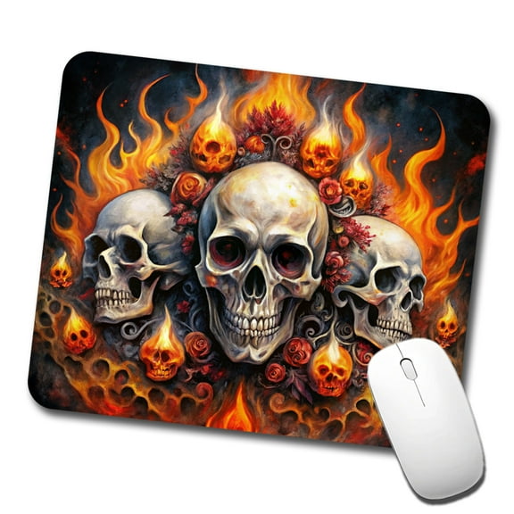 Gothic Skulls And Flames Watercolor Mouse Pad Low Profile Gaming Mat