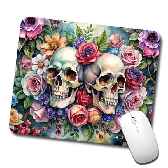 Gothic Skulls And Flowers Watercolor Mouse Pad Low Profile Gaming Mat