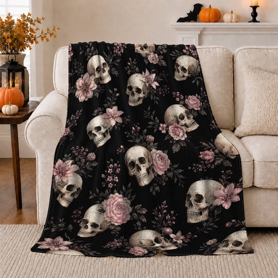 Gothic Skulls Moody Roses Dark Art, Dramatic Botanical Garden Scene, Warm Flannel Blanket for Sunroom and Reading Nook, Garden Lovers Thanksgiving Gift, Gothic Home Decor