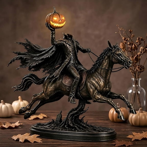 Gothic Sleepy Hollow Headless Horseman Statue, 9.1" Antique Bronze Resin Riding Horse Sculpture with Jack-O'-Lantern, Spooky Halloween Display & Collectible Gift