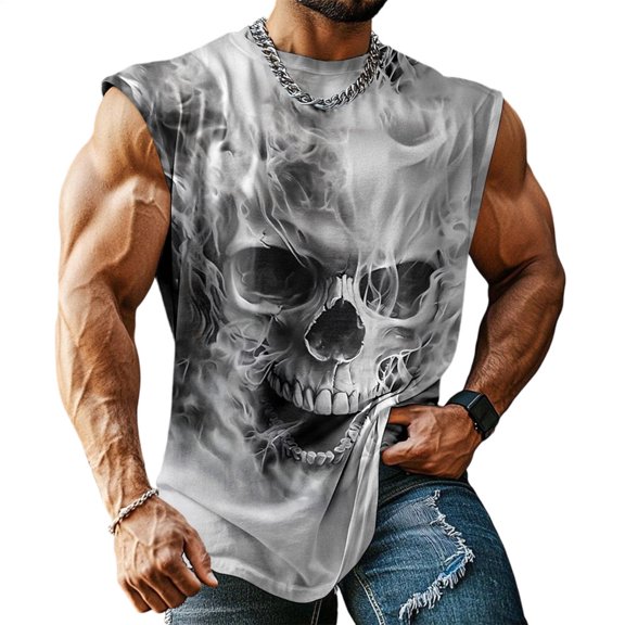 Gothic Sleeveless Shirt Men Crew Neck Skull Gothic Summer Vests Casual Sleeveless Shirts for Workout