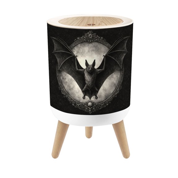 Gothic Small Trash Can with Lid Bat Spread Wings Gothic Frame Dark Vintage Engraving 1.8 Gallon Dog Proof Trash Can Round Garbage Can Waste Bin Wastebasket for Bathroom Bedroom Living Room