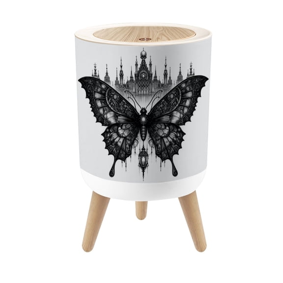 Gothic Small Trash Can with Lid Intricate Black White Butterfly Gothic Architecture 1.8 Gallon Dog Proof Trash Can Round Garbage Can Waste Bin Wastebasket for Bathroom Bedroom Living Room