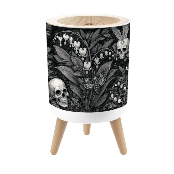Gothic Small Trash Can with Lid Lily Valley Human Skull Gothic Botanical Engraving Black 1.8 Gallon Dog Proof Trash Can Round Garbage Can Waste Bin Wastebasket for Bathroom Bedroom Living Room