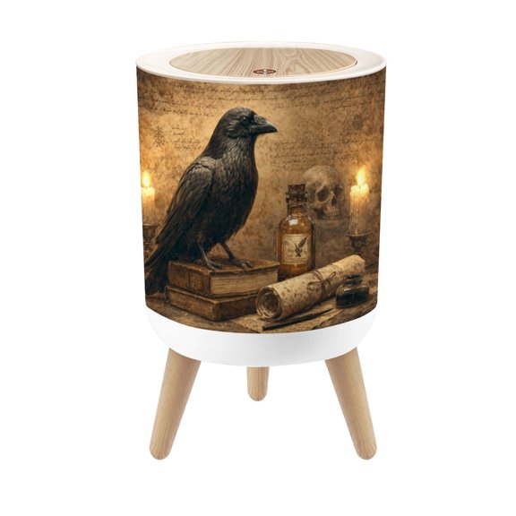 Gothic Small Trash Can with Lid Raven Perched Books Ink Bottle Ancient Manuscripts 1.8 Gallon Dog Proof Trash Can Round Garbage Can Waste Bin Wastebasket for Bathroom Bedroom Living Room