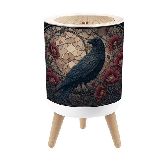 Gothic Small Trash Can with Lid Raven Stained Glass Flowers 1.8 Gallon Dog Proof Trash Can Round Garbage Can Waste Bin Wastebasket for Bathroom Bedroom Living Room