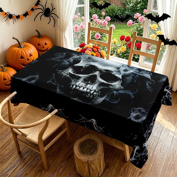 Gothic Smoky Skull 2D Print Rectangular Tablecloth, Spooky Halloween Themed Table Cover for Kitchen Dining Patio Garden Party Gatherings, Ideal Holiday Gift for Horror & Gothic Decor Lovers