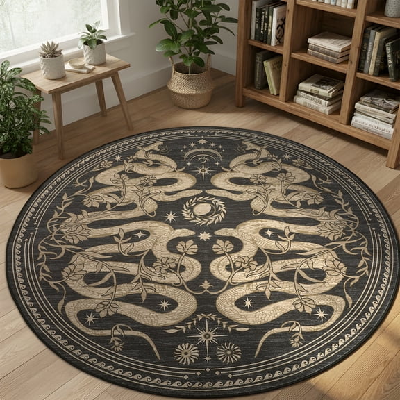 Gothic Snake Area Rug – Dark Whimsical Witchy Design, Soft Low-Pile Carpet with TPE Non-Slip Backing for Bedroom, Playroom, and Indoor Decor