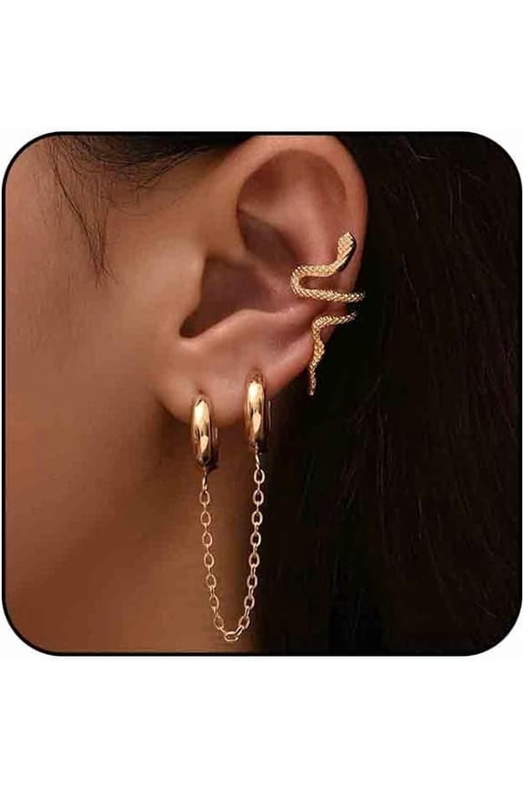 Gothic Snake Cuff Wrap Earrings - Gold Hoop Chain & Cartilage Ear Crawler - Serpent Clip On Wrap Earrings for Women