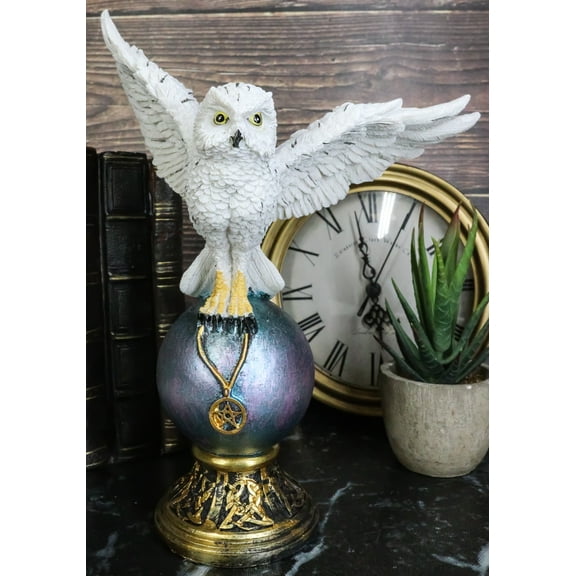 Gothic Snowy Owl Talisman Pentagram Pendant Perching On Gazing Ball Orb Figurine