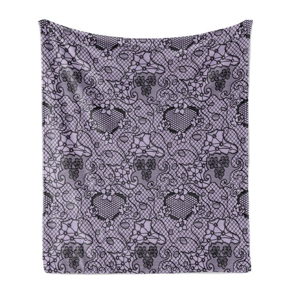Gothic Soft Flannel Fleece Blanket, Black Lace Style Needlecraft Pattern with Ornate Flowers Feminine Victorian Motifs, Cozy Plush for Indoor and Outdoor Use, 60" x 80", Lilac Black, by Ambesonne