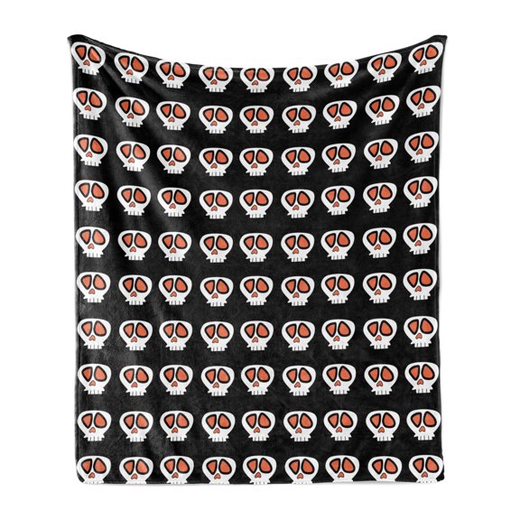 Gothic Soft Flannel Fleece Blanket, Cartoon Style Sketch of Skull Motifs Designed in Halloween Tones, Cozy Plush for Indoor and Outdoor Use, 70" x 90", Charcoal Grey and Multicolor, by Ambesonne