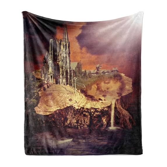 Gothic Soft Flannel Fleece Blanket, Fantasy Castle and Village on Stump in the Water Scary Sunset Medieval Fiction Art, Cozy Plush for Indoor and Outdoor Use, 50" x 60", Purple Cream, by Ambesonne