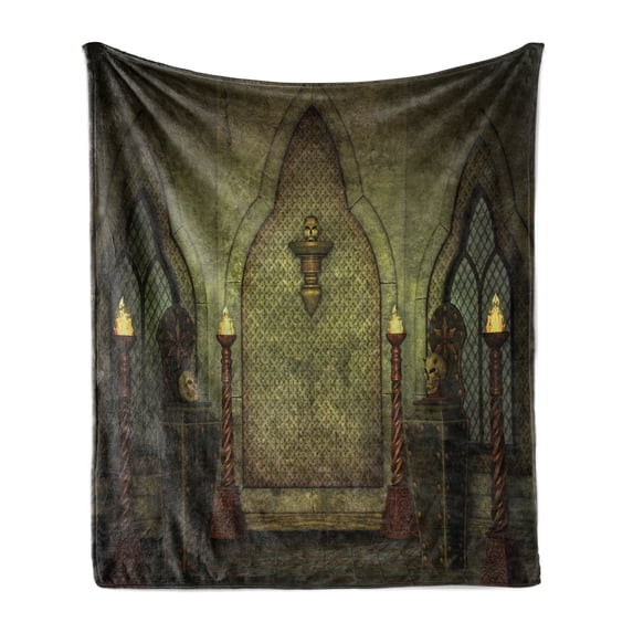Gothic Soft Flannel Fleece Blanket, Fantasy Scene with Old Fashioned Wooden Torch and Skull Candlesticks in Dark Spooky Room, Cozy Plush for Indoor and Outdoor Use, 60" x 80", Brown, by Ambesonne