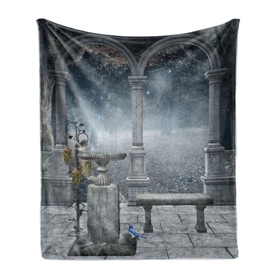 Gothic Soft Flannel Fleece Blanket, Fictional Middle Age Mythical Stone Bench Balcony Building with Hummingbird Graphic Print, Cozy Plush for Indoor and Outdoor Use, 60" x 80", Grey, by Ambesonne