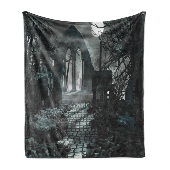 Gothic Soft Flannel Fleece Blanket, Full Moon over Medieval Building Ruins at Night Dark Scary Backdrop Middle Ages Image, Cozy Plush for Indoor and Outdoor Use, 50" x 70", Blue Grey, by Ambesonne