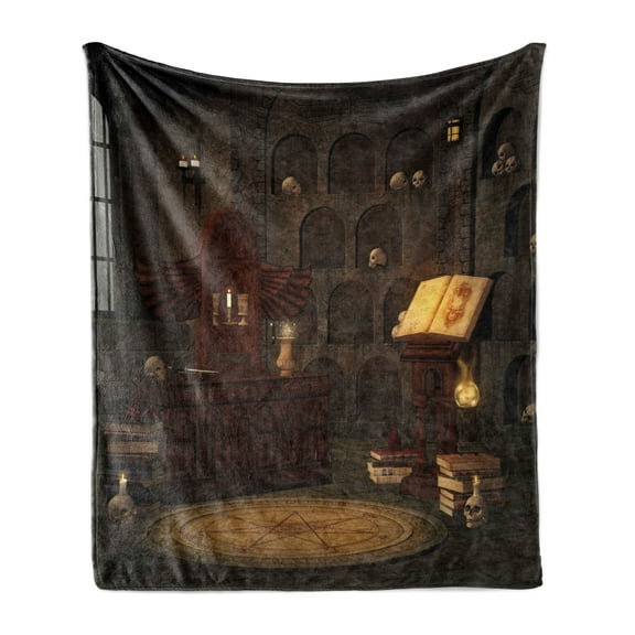 Gothic Soft Flannel Fleece Throw Blanket, Chamber of Secret Rite with Skulls on the Wall Sorcery Spell Image Print, Cozy Plush for Indoor and Outdoor Use, 50" x 60", Brunette Brown, by Ambesonne