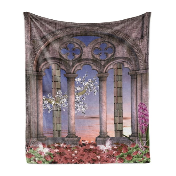 Gothic Soft Flannel Fleece Throw Blanket, Colonnade in Secret Garden with Flowers at Sunset Enchanted Forest, Cozy Plush for Indoor and Outdoor Use, 50" x 70", Lilac Grey Blue, by Ambesonne