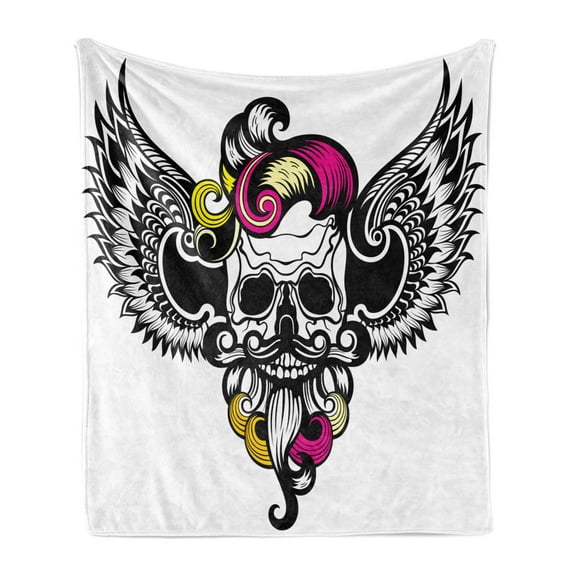 Gothic Soft Flannel Fleece Throw Blanket, Crazy Design Skull with Swirling Beard Hair and Wings, Cozy Plush for Indoor and Outdoor Use, 50" x 70", Magenta Yellow, by Ambesonne