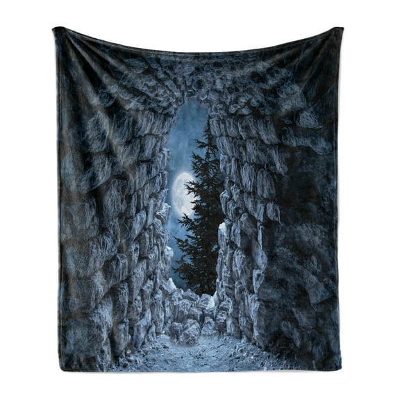 Gothic Soft Flannel Fleece Throw Blanket, Dark Cave the Full Moon at Night Scary Horror Medieval Artwork Print, Cozy Plush for Indoor and Outdoor Use, 70" x 90", Blue Grey, by Ambesonne