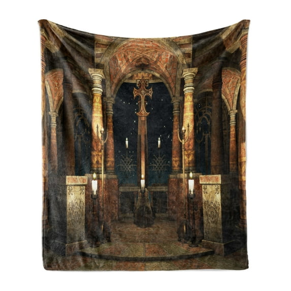 Gothic Soft Flannel Fleece Throw Blanket, Dark Mystic Hall with Pillars and Dome Shrine Building Illustration, Cozy Plush for Indoor and Outdoor Use, 60" x 80", Ivory Brown Black, by Ambesonne