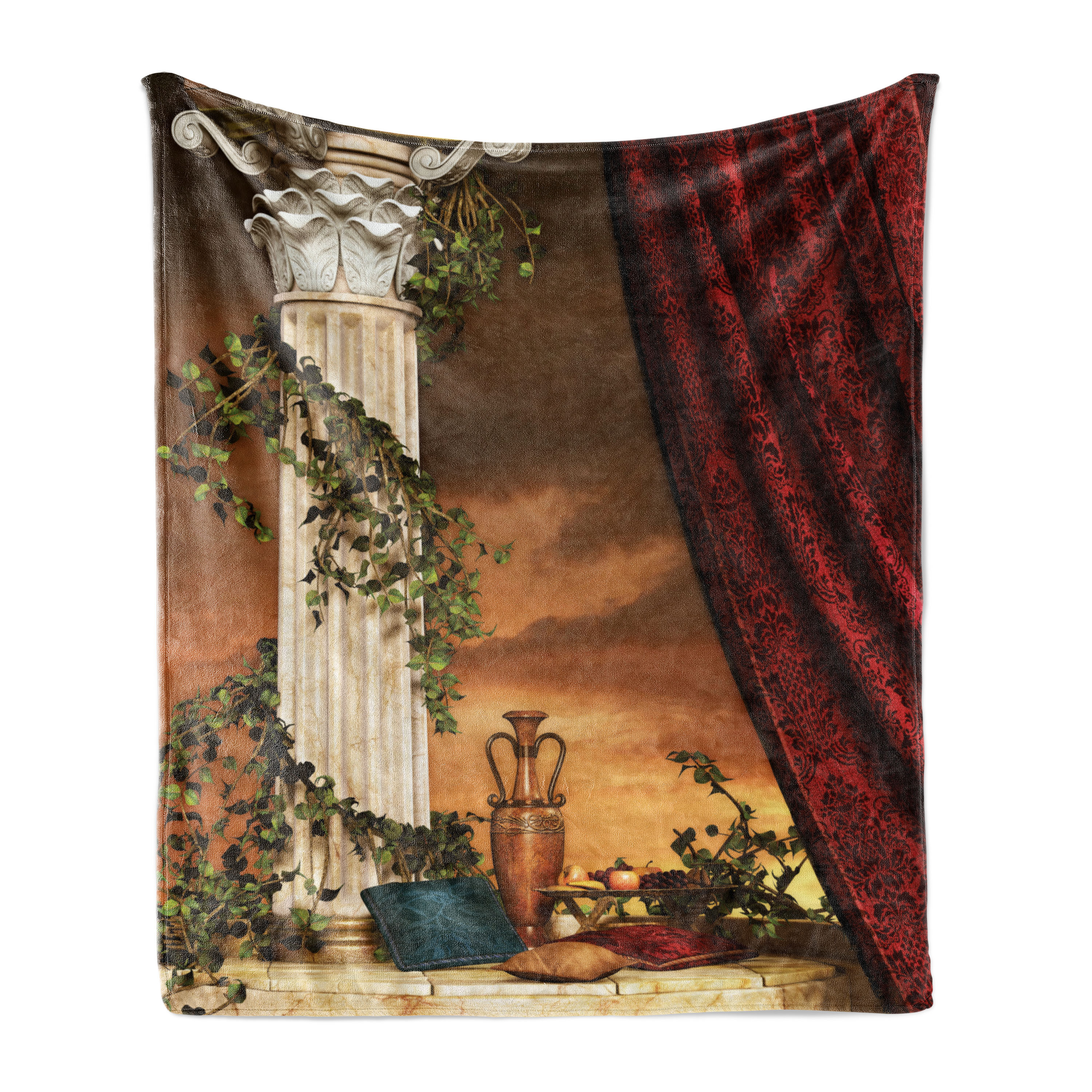 Gothic Soft Flannel Fleece Throw Blanket, Greek Style Scene Climber Pillow Fruits Vine and Red Curtain Sunset, Cozy Plush for Indoor and Outdoor Use, 50" x 60", Multicolor, by Ambesonne - image 1 of 5