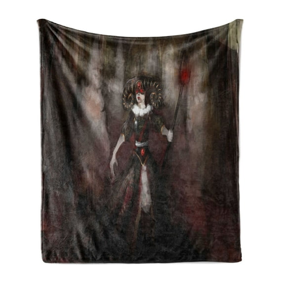 Gothic Soft Flannel Fleece Throw Blanket, Medieval Evil Woman Horns Witch Myth Fantasy Old Fashion Scary Watercolor, Cozy Plush for Indoor and Outdoor Use, 50" x 70", Black Red Grey, by Ambesonne