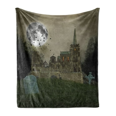 Gothic Soft Flannel Fleece Throw Blanket, Old Village and Graves with Medieval Castle and Full Moon Birds Fog Horror Art, Cozy Plush for Indoor and Outdoor Use, 50" x 60", Beige Green, by Ambesonne