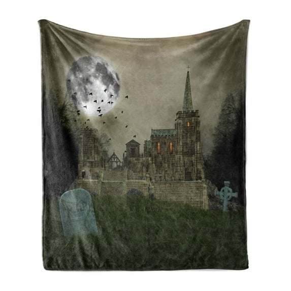 Gothic Soft Flannel Fleece Throw Blanket, Old Village and Graves with Medieval Castle and Full Moon Birds Fog Horror Art, Cozy Plush for Indoor and Outdoor Use, 50" x 70", Beige Green, by Ambesonne