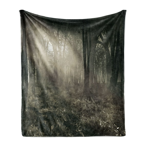 Gothic Soft Flannel Fleece Throw Blanket, Photo of Dark Forest Scenery Sunbeams and Fog Vintage Nostalgic Colors Fantasy Art, Cozy Plush for Indoor and Outdoor Use, 50" x 60", Brown, by Ambesonne