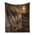 thumbnail image 1 of Gothic Soft Flannel Fleece Throw Blanket, Photo of Old Medieval Myst House in Retro Vintage Color at Full Moon Boho Style, Cozy Plush for Indoor and Outdoor Use, 50" x 70", Brown, by Ambesonne, 1 of 5