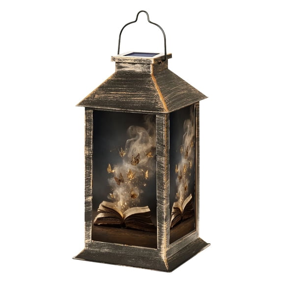 Gothic Solar Lantern Magical Open Book Golden Butterflies Mystical Ancient Pages Garden Hanging Lantern Waterproof Solar Powered Lighting Outdoor Lamp for Deck Yard Camping Patio Decor