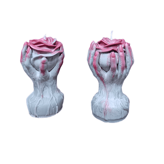 Gothic Spooky Halloween Candle Set, Hand Claw with Rose Design, Gray and Red, 5 oz, Decorative Sculpted Candles, Green Apple Scented,2 Pack