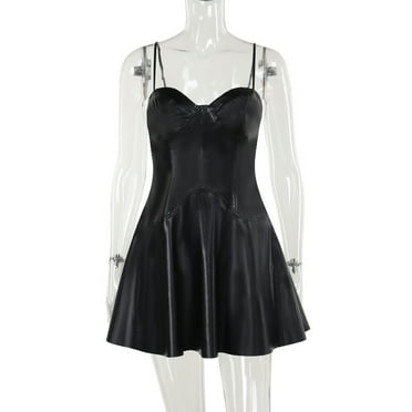 Gothic Spaghetti Strap Dress for Women‘s Sweetheart Neckline A-line Faux Leather Mini Dress Sexy Backless PU Dress
