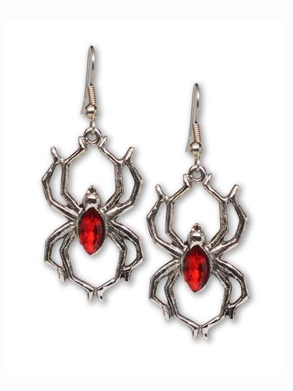 Gothic Spider Dangle Earrings with Red Stone Body Silver Finish Pewter by Real Metal #952R