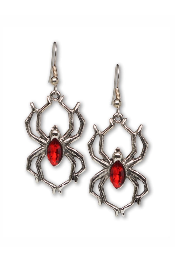 Gothic Spider Dangle Earrings with Red Stone Body Silver Finish Pewter by Real Metal #952R